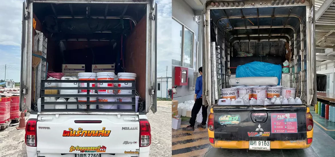 จบงาน ส่งสินค้าสีแบบเหมาคัน ใช้ 2 คันรถกระบะตู้ทึบ