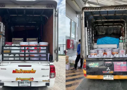 จบงาน ส่งสินค้าสีแบบเหมาคัน ใช้ 2 คันรถกระบะตู้ทึบ